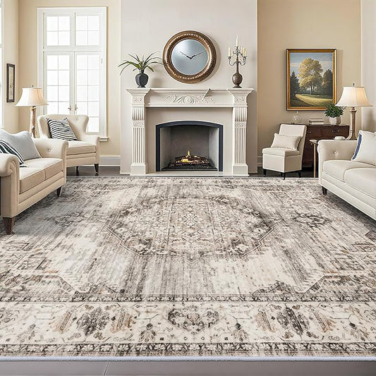 YOUFORTONG 12x15 Area Rug Washable:Large Living Room Area Rugs - Machine Washable Stain Resistant Rug - Soft Low Pile Carpet for Bedroom Dining Room 12'x15' Beige