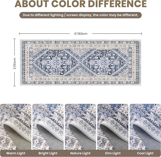 zesthome 2x6 Runner Rug for Hallways, Machine Washable Rug, Non Slip Vintage Low Pile Runners, Stain Resistant Runners for Entryway, Kitchen, Bathroom, Laundry Room, Corridor