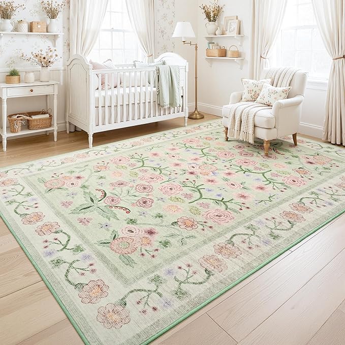 Maxsoft Large Area Rugs for Living Room Bedroom, 5x7 Washable Floral Area Rugs, Non-Slip and Stain Resistant Soft Throw Indoor Carpet for Dining Room Office Kitchen Dorm Home Decor, Green