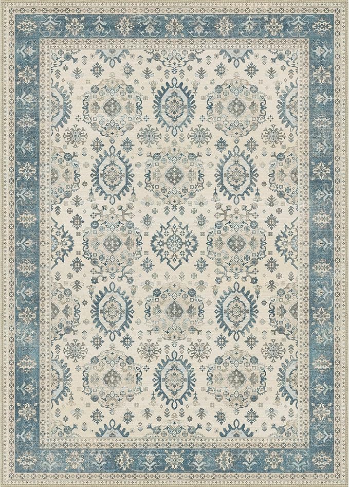 5x7 Area Rug Machine Washable Boho Rug for Living Room,Ultra-Thin Low Pile Carpet,Lightweight Indoor Printed Rug,Non Slip Floral Area Rug for Bedroom, Dining Room, Home Office,Blue
