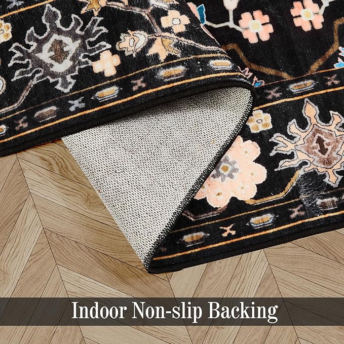 8x10 Area Rugs for Living Room, Machine Washable Vintage Rug, Non-Slip Low Pile Throw Rugs with Rubber Backing Washable Carpet for Bedroom Dining Room Kitchen Home Decor, Black