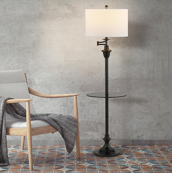 JONATHAN Y 60" Black Floor Lamp with Integrated Glass Side Table, Modern Swing Arm Standing Lamp for Living Room, White Linen Shade, LED Bulb Included (JYL3055D)
