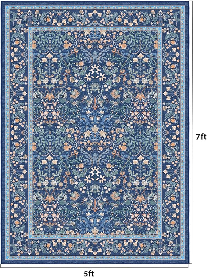AMADA HOMEFURNISHING 5x7 Area Rug, Washable Living Room Rug with Non-Slip Backing, Low Pile and Durable Edge Binding, Vintage Soft Floral Rugs for Living Room, Bedroom, Dining Room