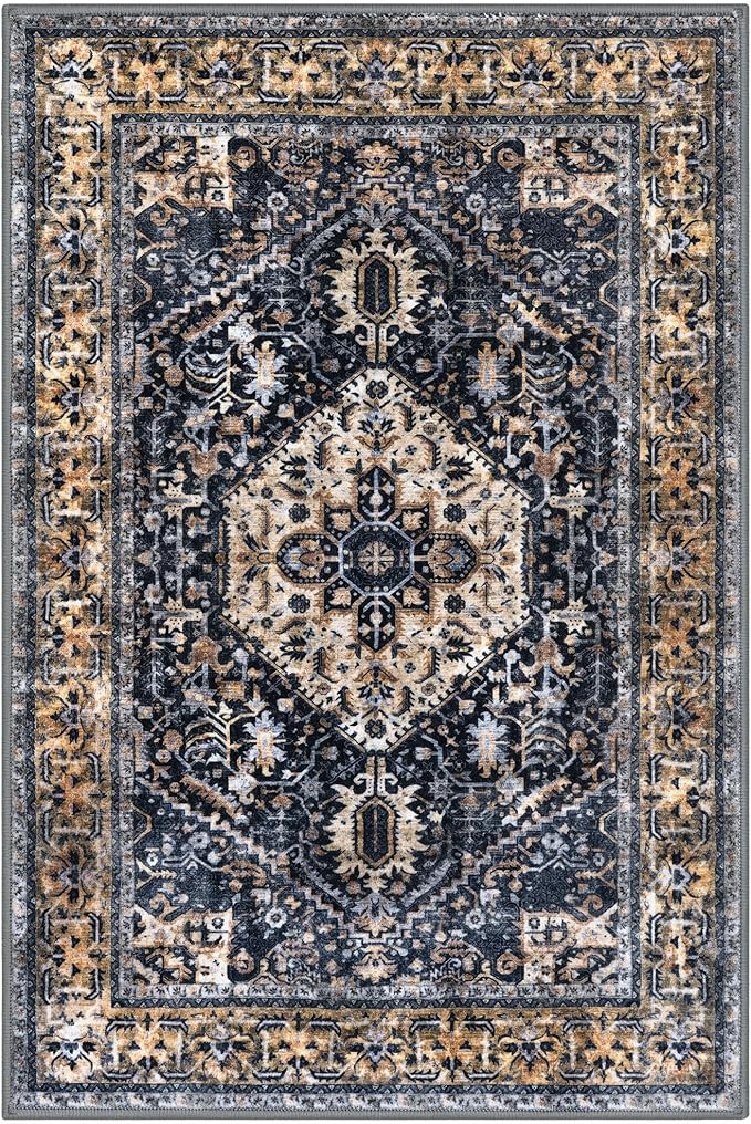 KOZYFLY Boho Area Rug 6x9 Ft Thin Rugs for Living Room Washable Bedroom Rug Non Slip Rugs for Living Room Gold/Orange/Navy Printed Faux Wool Vintage Bedroom Rug Floor Carpet
