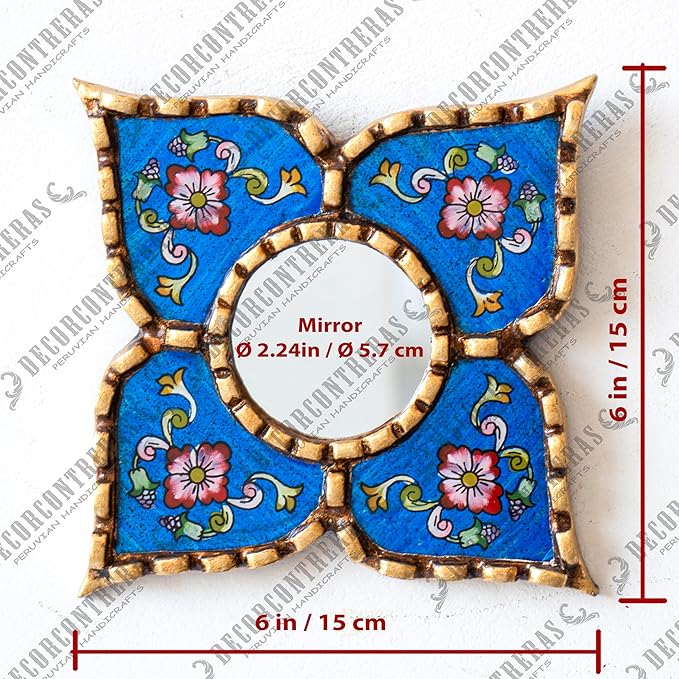 Peruvian Painted Glass Mirror with Bronze Leaf Framed - Handmade Diamond Mirror 6in for Gallery wall (Blue)