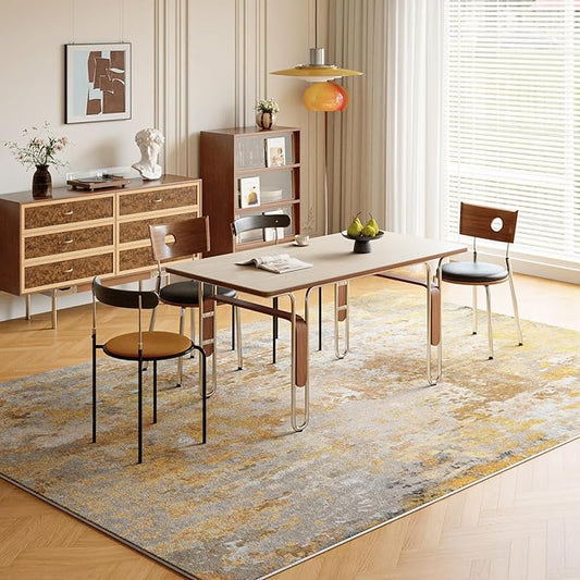 Beige Gold Washable Rug 6x9 Area Rugs for Living Room Bedroom Carpet, Indoor Vintage Abstract Boho Large Rug Non Slip Faux Wool Rugs for Dorm, Dining Room Table, Nursery, Kids Playroom