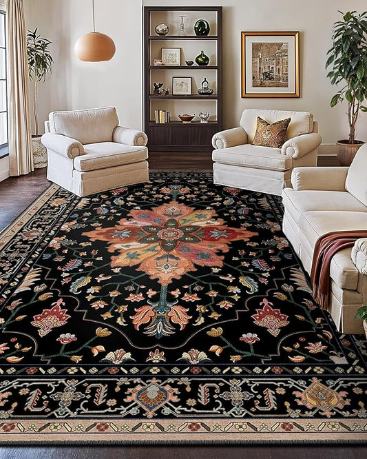 RELEANY Area Rugs 10'x14' Washable Non-Slip, Floral Vintage Distress Print Pattern Medallion Carpet for Living Room Bedroom Dining Room, Black Colorful Floral Dark Tan