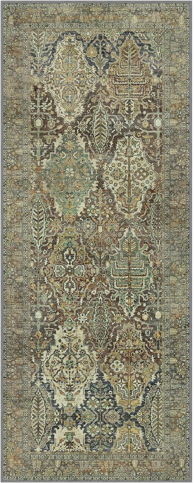 2x7 Runner Rug Machine Washable Boho Rug Runners for Hallway,Ultra-Thin Low Pile Rug,Lightweight Indoor Carpet,Non Slip Floral Runners for Enrtyway, Corridor, Home Office, Kitchen,Sage Green