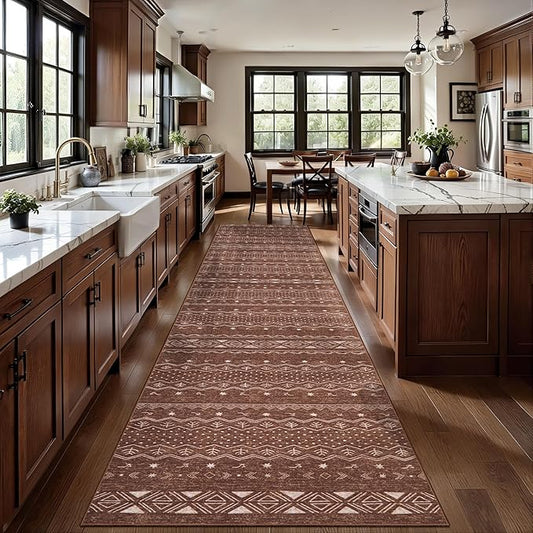 SERISSA Hallway Runner Rug, 2'6"x8' Washable Non-Slip Coffee Brown Boho Rug, Soft Low-Pile Geometric Indoor Long Carpet for Kitchen Laundry Room Bathroom
