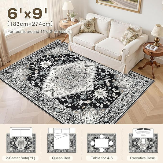 6x9 Washable Area Rugs for Living Room: Non Slip Vintage Black Rug, Large Soft Stain Resistant Indoor Floor Carpets for Bedroom Dining Room Nursery Home Office Kid & Pet Friendly