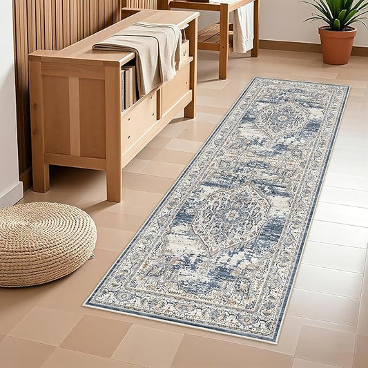 Washable Hallway Runner Rugs 2x6: Soft Ultra Thin Low Pile Carpet Machine Washable Indoor Lightweight Rug Runner Anti Slip Backing Rugs for Living Room Bedroom Kitchen 2'x6' Blue