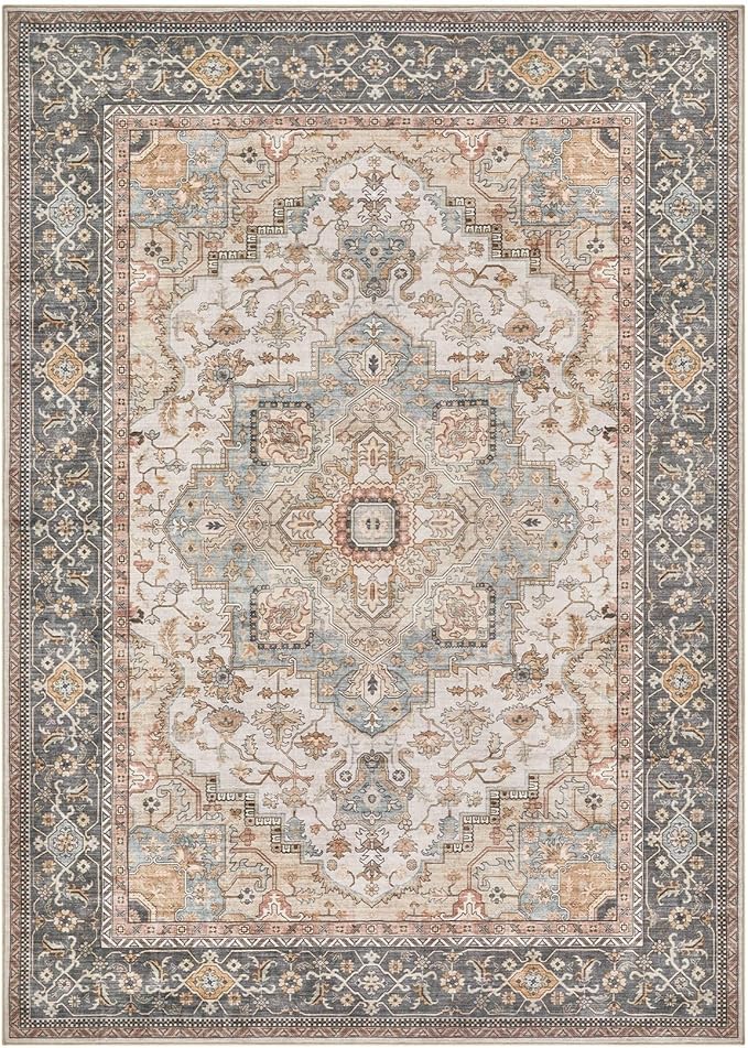 EIEIHOUSE Washable Area Rugs for Living Room -7x10 Vintage Floral Farmhouse Large Soft Floor Rug Indoor Carpet for Living Room Bedroom Dining Room Office - Forest Green Orange