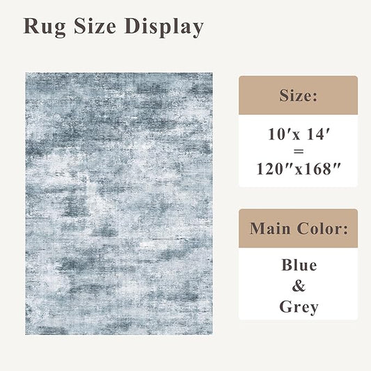 10x14 Area Rug Living Room – Washable Large Neutral Modern Abstract Soft Low Pile Non-Slip Thin Carpet for Bedroom, Dining Room, Home Office (Misty Blue Gray)