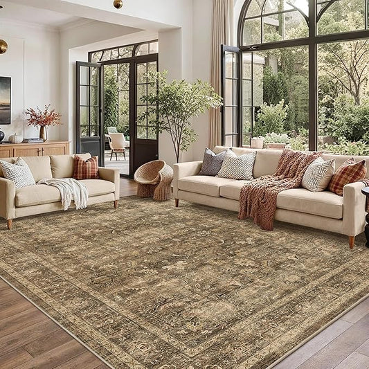8x10 Brown Washable Area Rugs for Living Room Non Slip Low Pile Vintage Boho Throw Rug Soft Retro Distressed Floral Large Carpet Indoor Farmhouse Decor for Bedroom Dining Room Office Kitchen Playroom