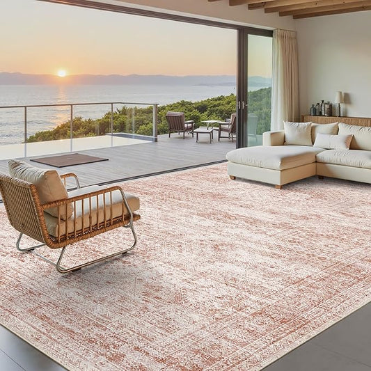 Soalmost Washable Area Rug 8x10, Large Soft Rugs for Living Room Vintage Area Rugs for Bedroom Dining Room Non-Slip Stain Resistant Pink Under Table Rug