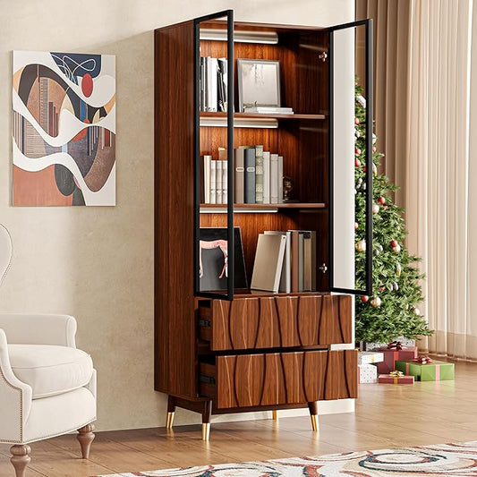 62.9'' Tall Mid Century Modern Lighted Glass Display Cabinet with Two Drawers, Walnut Finish Brown Dining China Hutch with 3 Tiers Storage Shelves, Wooden Curio Showcase for Living Room Kitchen
