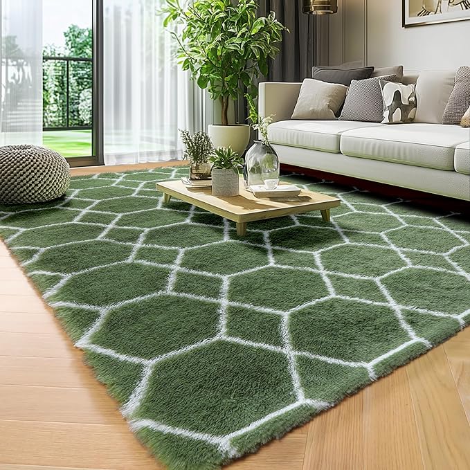 ONASAR 6x9 Area Rugs for Living Room Bedroom, Large Fluffy Olive Green and White Throw Rug, Geometric Soft Plush Shaggy Fuzzy Floor Carpet for Nursery Kids Girls Boys Teen Dorm Home Office Decor