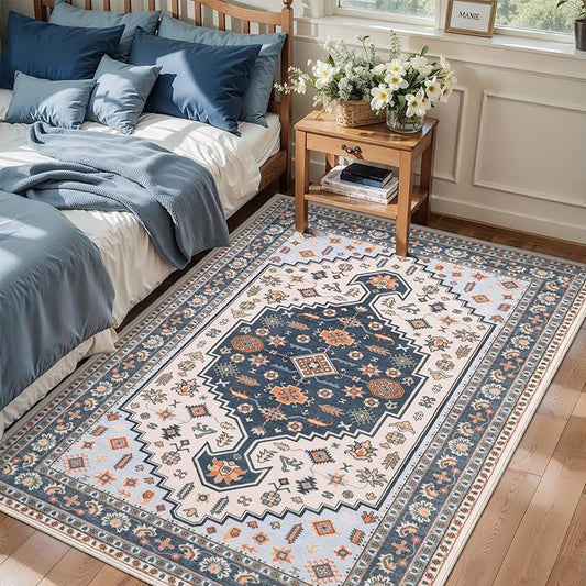 Tangsoo Vintage 3x5 Rug for Bedroom,Washable Rug,Boho Blue Beige Low Pile Carpet Floral Indoor Area Mat for Front Porch Living Room Patio Entryway