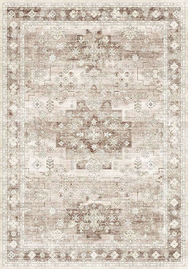 Hazo Haus Beige Farmhouse Washable 7x10 Area Rugs for Living Room, Bedroom, Dining Room Table, Vintage Floral Décor, Non-Slip Stain & Fade Resistant (7x10 Beige/Latte)