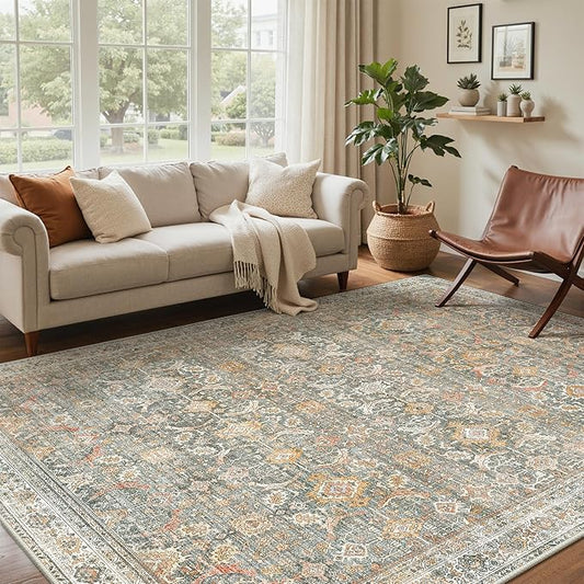 GENIMO 9x12 Area Rugs for Living Room, Machine Washable Non Slip Vintage Rugs, Low Pile Lightweight Chenille Print Rug for Bedroom, Dining Room, Home Office, Turmeric