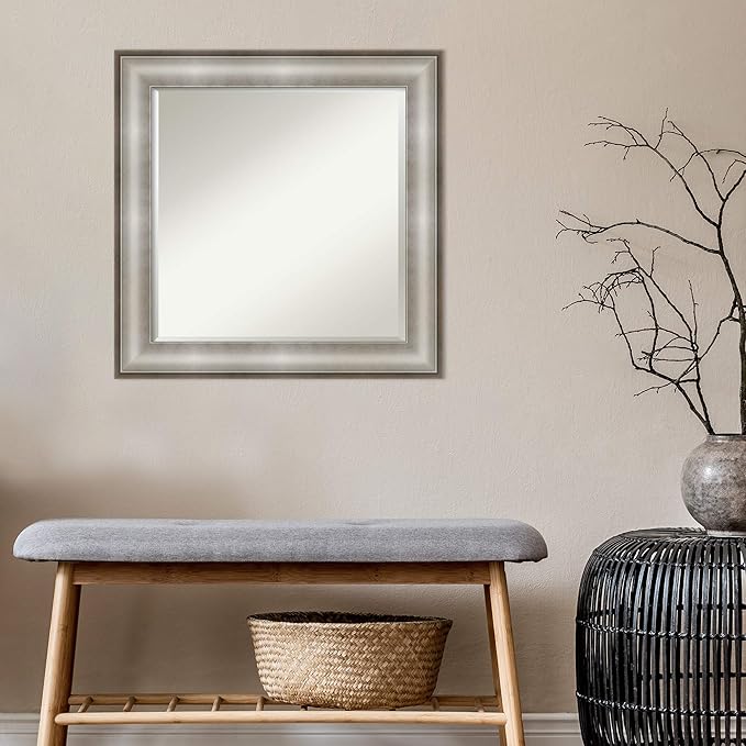 Amanti Art Silver Bathroom Mirror for Over Sink, 25x25 Imperial Silver Square Vanity Mirror, Medium Traditional Frame, Hangs Horizonally and Vertically, Bathroom Wall Decor, Beveled Edge