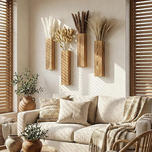 Sawoake 4-Piece Wooden Hanging Wall Vase Set with Pampas Grass and Eucalyptus Dried Flowers, Modern Farmhouse Home Decor for Living Room Entryway Bathroom Hallway Dining Room(Brown)