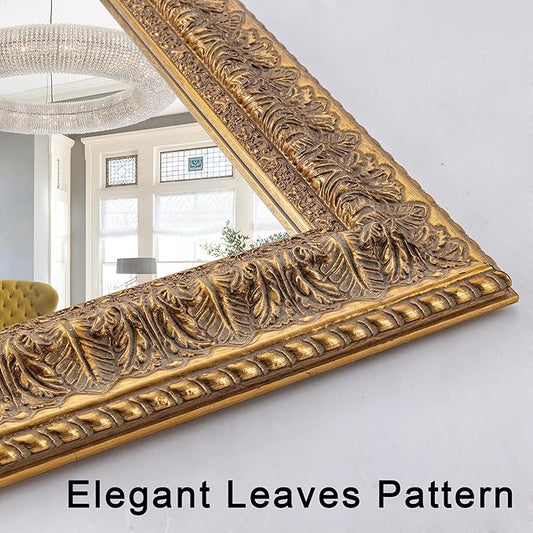 Chende Vintage Gold Mirror for Decor, Large Bathroom Wall Mirror with Symmetrical Leaf Shape, 37" L x 25" W Traditional Wood Mirror for Master Bath Half Bath Kitchen Bedside Table