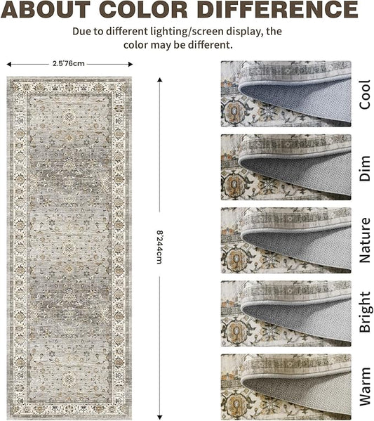 2.6x8 Washable Hallway Runner Rug - Kitchen Rugs with Non Slip Backing Vintage Soft Farmhouse Entryway Mat for Living Room Laundry Bedroom Bathroom Ivory/Grey