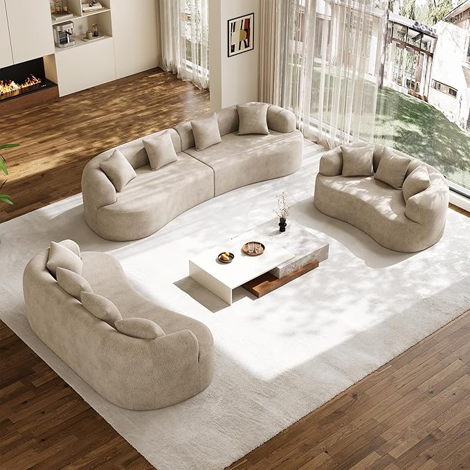 Oversized Sectional Sofa for Living Room, Modern Luxury Plush Chenille 4-Seater Extra Deep & Wide Seat Curved Cloud Couch with 4 Throw Pillows, No Assembly Needed, Light Brown