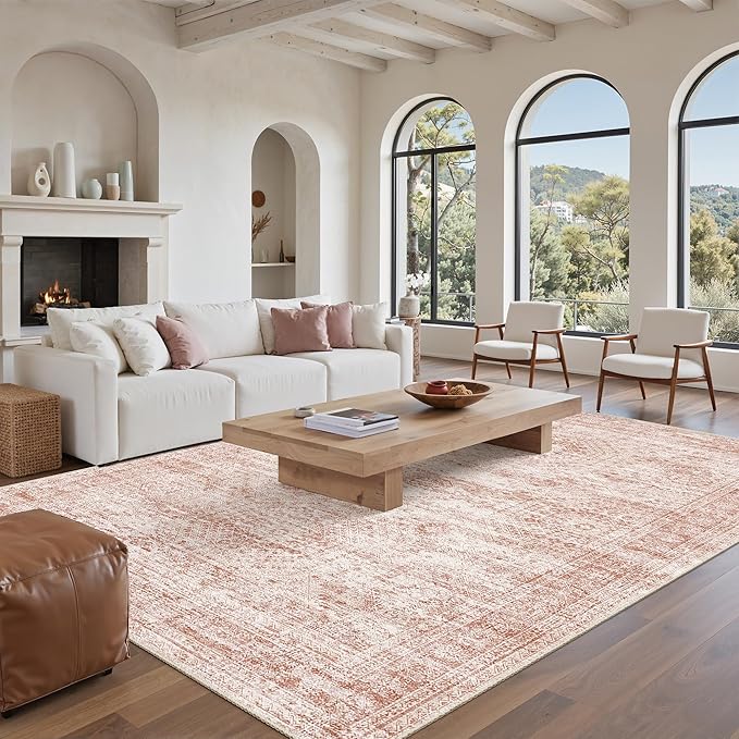 Soalmost 5x7 Area Rugs Pink Low Pile Indoor Washable Trendy Faded Style Rugs for Bedroom Living Room Dining Room Foldable Non-Slip Thin Print Mat