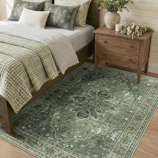 RELEANY Area Rugs 4'x5' Washable Non-Slip, Floral Vintage Distress Print Pattern Medallion Carpet for Living Room Bedroom Dining Room, Dark Green Gray