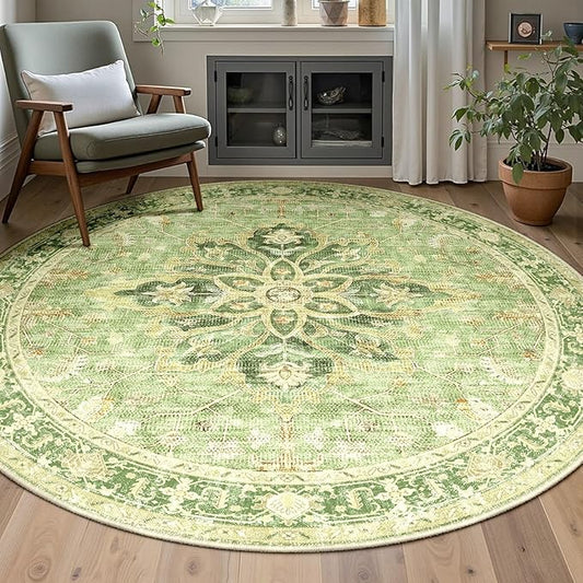 RELEANY Area Rugs Round 5ft Washable Non-Slip, Floral Vintage Distress Print Pattern Medallion Carpet for Living Room Bedroom Dining Room, Sage Green Yellow