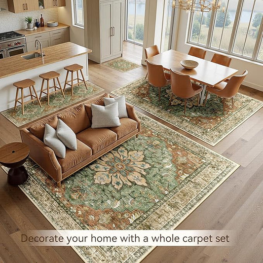 RELEANY Area Rugs 6'x9' Washable Non-Slip, Floral Vintage Distress Print Pattern Medallion Carpet for Living Room Bedroom Dining Room, Brick Red Rust Neutral Brown Burnt Orange Green