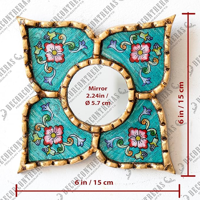 Peruvian Artisan Mirror for wall Decor– Small Diamond/Square wall Mirror with Bronze Leaf Frame (Turquoise)