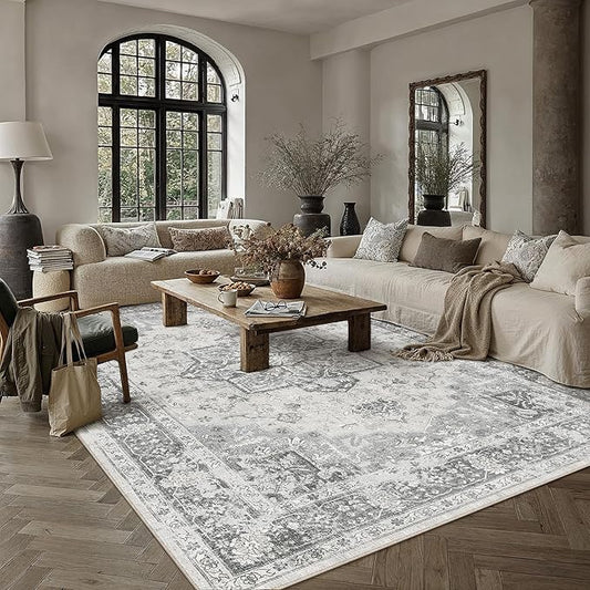 PureCozy Gray 8x10 Area Rug Washable Vintage Living Room Carpet Non Slip Retro Distressed Low Pile Soft Oriental Medallion Thin Large Grey Throw Rug for Office Bedroom Dining Room Playroom