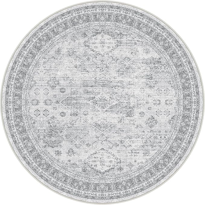 GENIMO 5FT Round Area Rugs for Living Room, Circle Rugs Machine Washable Low Pile, Chenille Non Slip Vintage Rug for Bedroom, Dining Room, Home Office, Grey