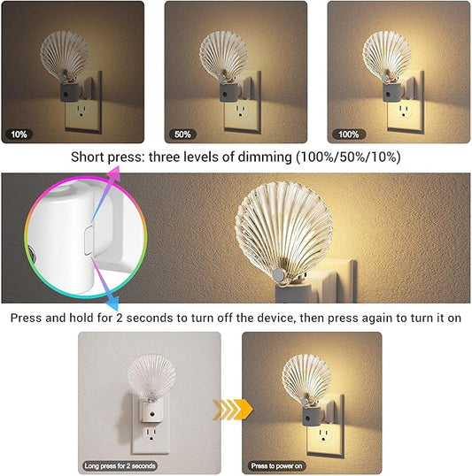 JandCase Night Light, Night Lights Plug into Wall, 2 Pack Dusk to Dawn Sensor Seashell Nightlights, 3000K Soft White Brightness Adjustable Nightlight for Kids Bedroom Hallway Kitchen