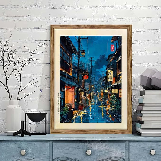 Framed Japanese Wall Art, Asian Tokyo Tea House Canvas Wall Decor Painting, Cool Japanese Night Posters Prints Pictures for Bedroom Living Room Bathroom Home Decor 12x16 Inch