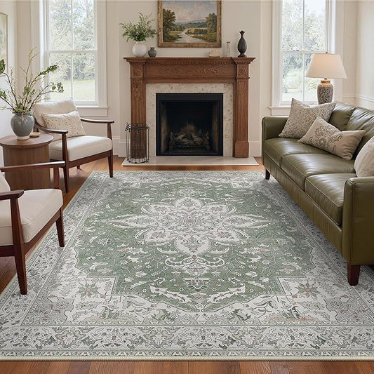 GENIMO 5X7 Washable Vintage Area Rugs for Living Room, Non-Slip Low Pile Chenille Print Rug, Soft Rugs for Bedroom Dining Room Home Office, Sage & Linen