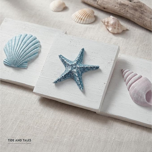 Tide and Tales 3D Beach Wall Art - Seashell with Starfish for Coastal Bathroom Decor, Ocean Inspired Decor for Bathroom, Coastal Bedroom, Living Room or Beach House, Set of 3 (6โx 6โ)