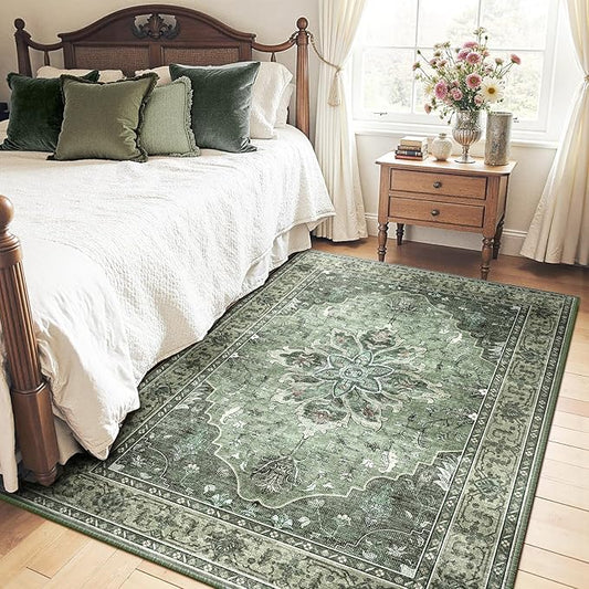 RELEANY Area Rugs 4'x6' Washable Non-Slip, Floral Vintage Distress Print Pattern Medallion Carpet for Living Room Bedroom Dining Room, Dark Green Gray