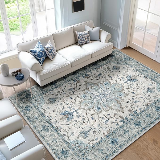 RELEANY Area Rugs 5'x7' Washable Non-Slip, Floral Vintage Distress Print Pattern Medallion Carpet for Living Room Bedroom Dining Room, Light Blue Navy Beige Gray White