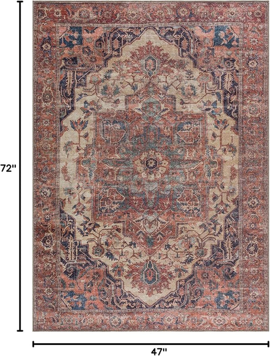 Bloom Rugs Washable 4' x 6' Rug - Beige/Terracotta Traditional Area Rug for Living Room, Bedroom, Dining Room, and Kitchen - Exact Size: 4' x 6'