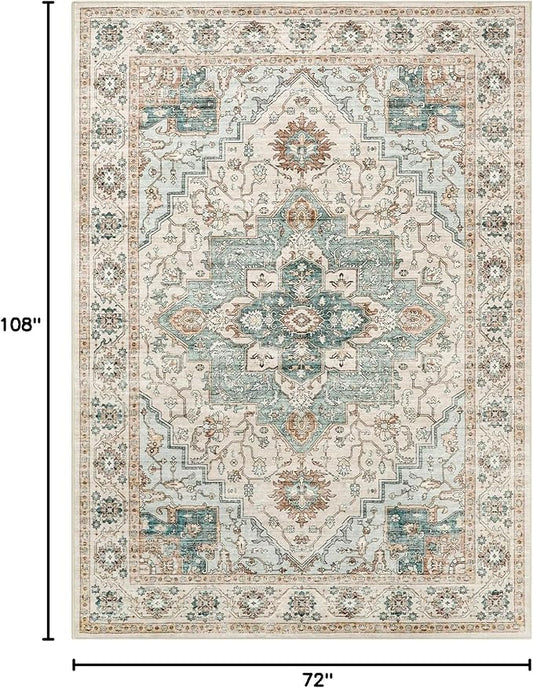 6x9 Area Rugs for Living Room, Machine Washable Non Slip Vintage Rug, Non-Slip Stain Resistant, Large Soft Home Decor Rug for Bedroom Dining Room (Green/Beige, 6'x9')