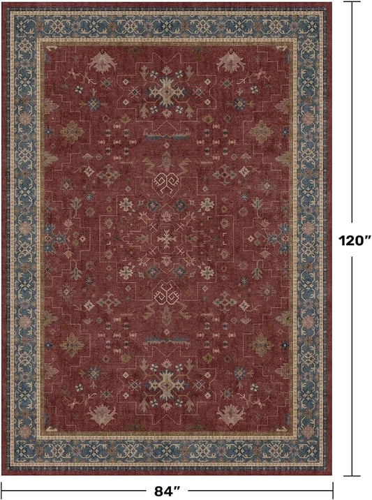 Hazo Haus Oriental 7x10 Large Area Rugs for Bedroom Under Bed - Burgundy Rug for Living Room, Dining Room Under Kitchen Table, Washable Soft Non Slip Boho Indoor Décor