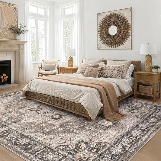 Area Rug 8x10 Washable Vintage - Soft Traditional Rugs for Living Room Large Non Slip Backing with Low Pile Farmhouse Oriental Retro Carpet for Bedroom Dining Room or Home Office - Dark Brown
