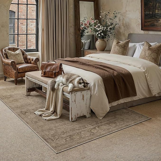 PureCozy Brown Area Rug 6x9 Washable Vintage Living Room Bedroom Carpet Non Slip Soft Low Pile Distressed Medallion Indoor Floor Retro Throw Large Rug for Dining Room Office