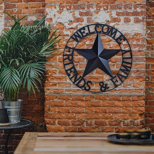 JoyEvy 22" Black Metal Barn Star Welcome Outdoor Wall Sculptures,Metal Star for Outside Wall Hanging,Texas Stars Wall Decor for Rustic Vintage Western Country Farmhouse Primitive House Decoration