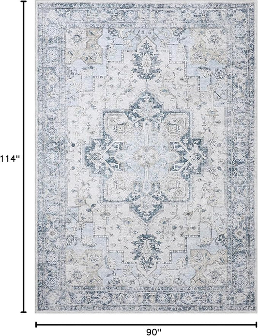 GENIMO 7'6''x9'6'' Area Rugs for Living Room, Machine Washable Non Slip Vintage Rugs, Low Pile Lightweight Chenille Print Rug for Bedroom, Dining Room, Home Office, Blue
