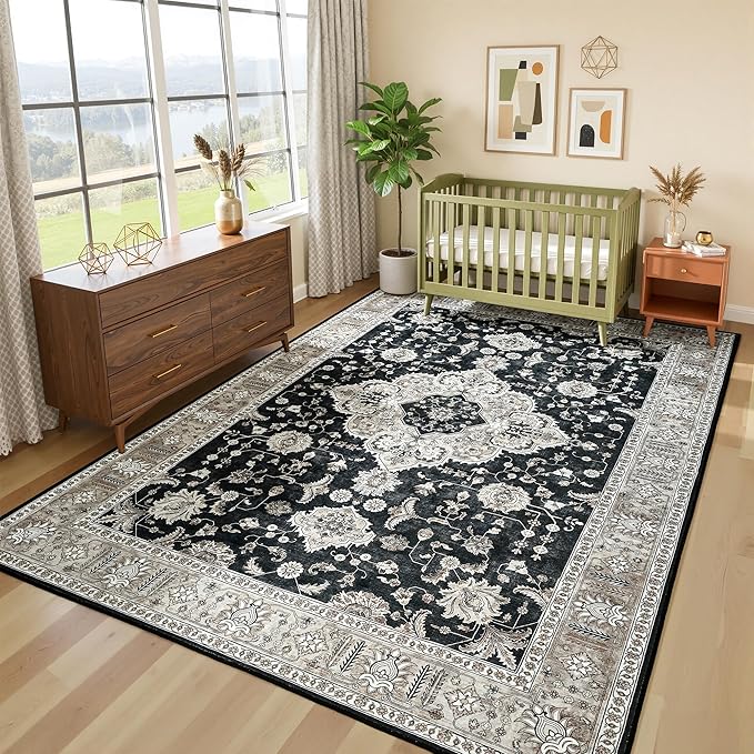 Maxsoft Large Area Rugs for Living Room Bedroom, 8x10 Black Gold Washable Rug with Rubber Backing, Non-Slip and Stain Resistant Soft Throw Indoor Carpet for Dining Room Office Kitchen Dorm Home Decor